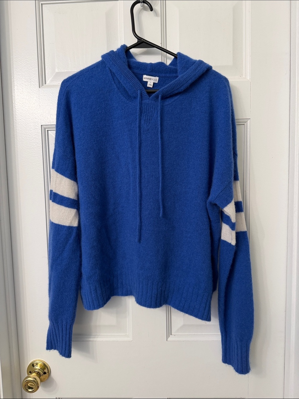 Minnie Rose Cobalt Blue Cashmere Hooded Crew Sweater with Cream Sleeve Stripes